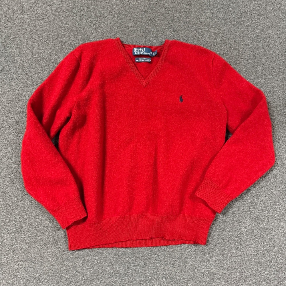 Vintage Polo Ralph Lauren V-Neck Sweater Mens XXL Red Good Lambswool Knit